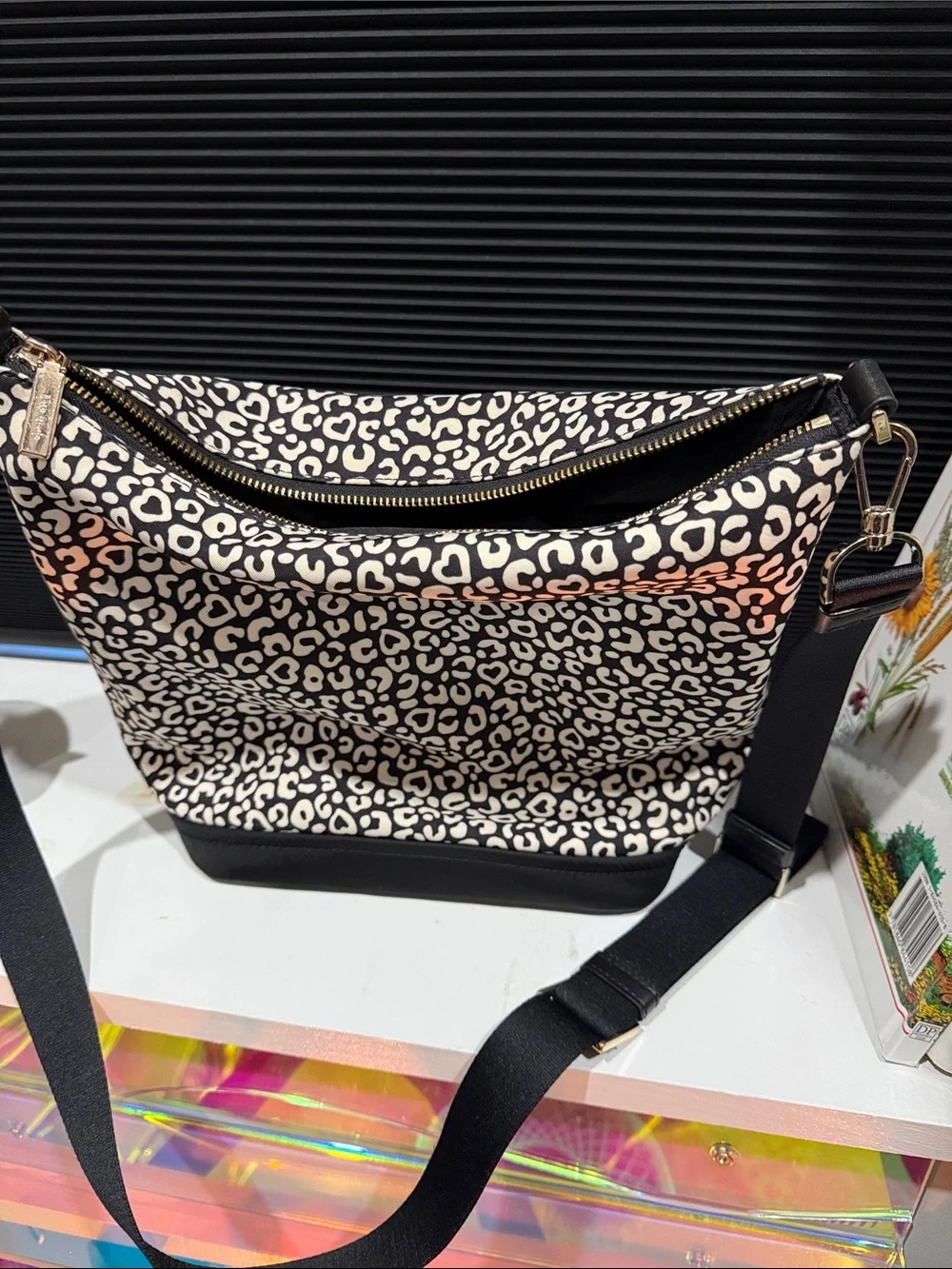 Kate Spade Shelsea Black and White Leopard-Print Hobo Bag crossbody shoulder